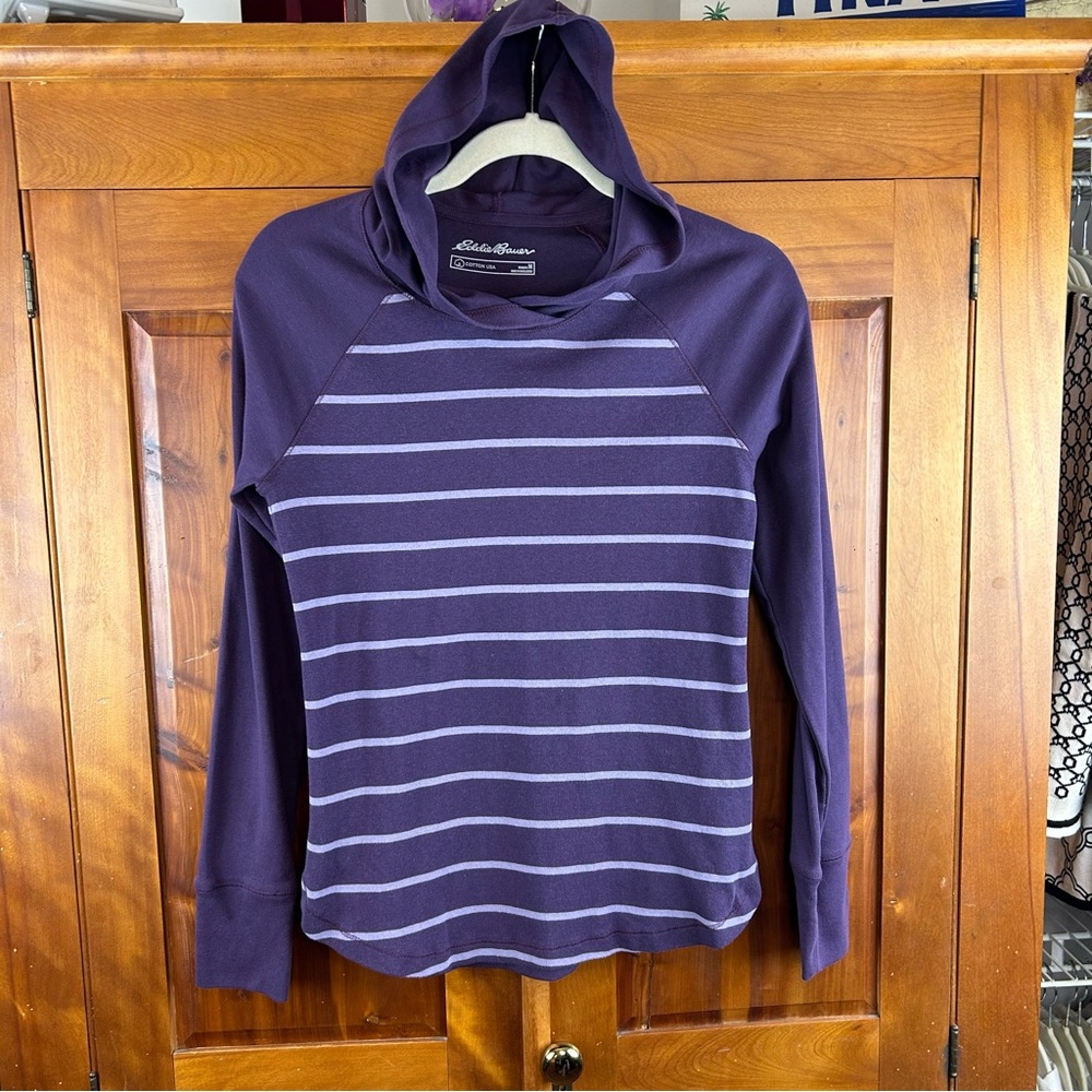 NWOT Eddie Bauer Purple Striped Women's Comfy Cotton Athleisure Pullover Hoodie